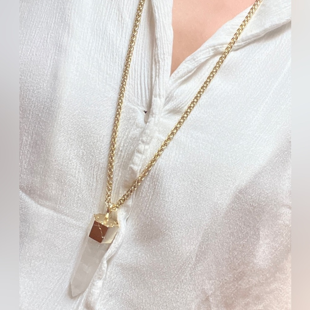 Kendra Scott Jayce Long Rock Crystal Clear Gold Pendant Necklace Chain